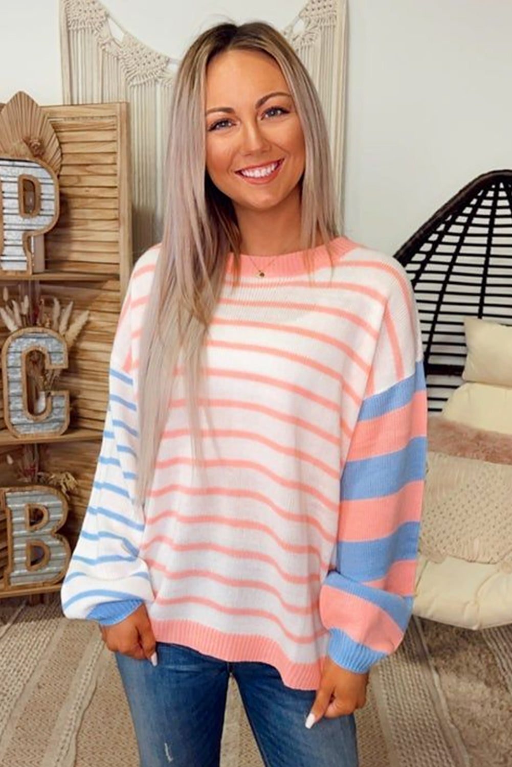 Pale Chestnut Striped Colorblock Pullover Sweater