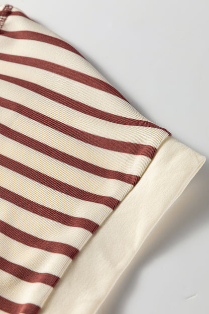 Khaki Stripe Half Buttons Round Neck T Shirt