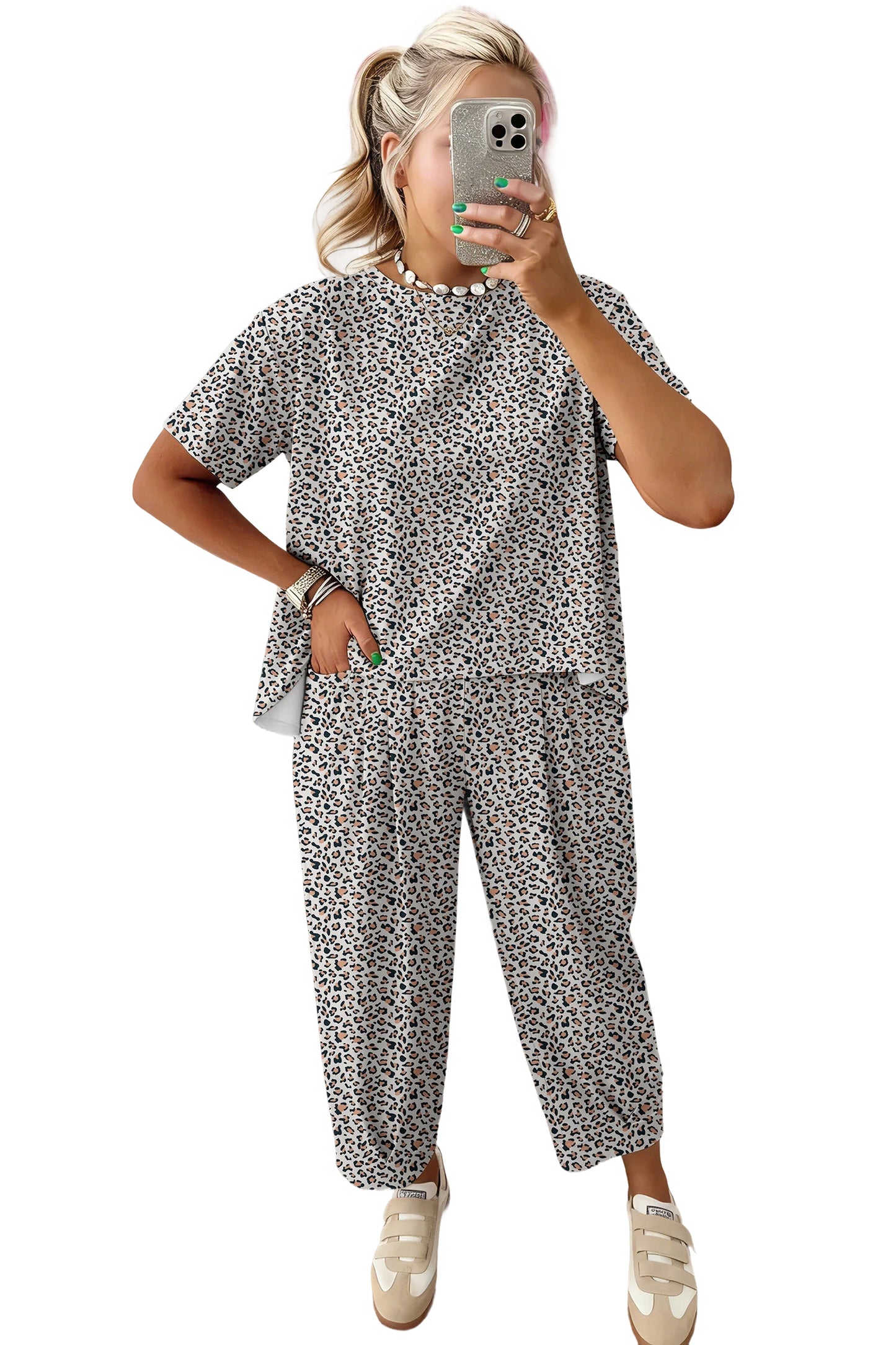 Brown Leopard Loose Tee Drawstring Waist Barrel Pants Set