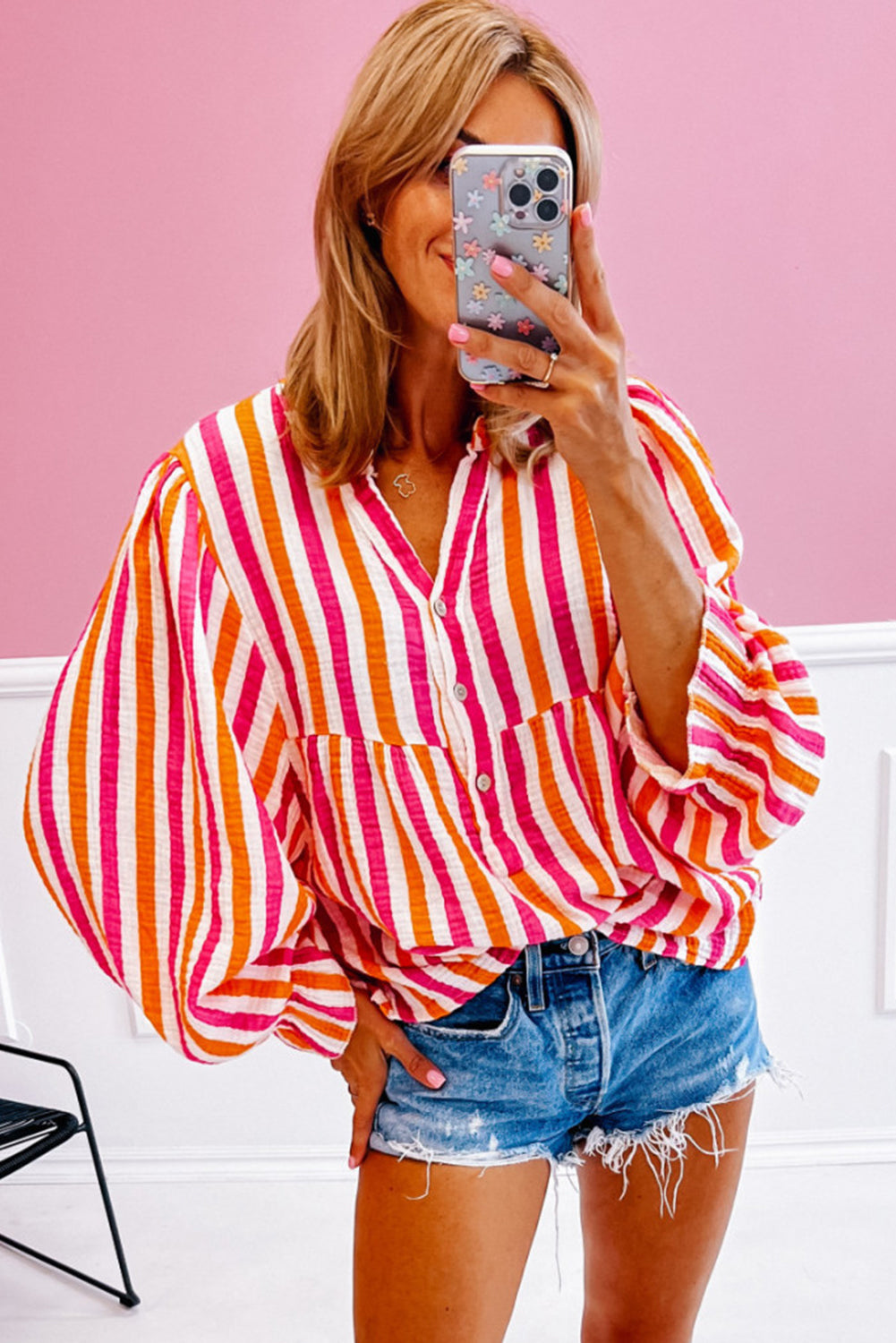 Orange Stripe Balloon Sleeve Notched V Neck Blouse