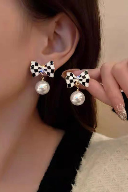 Black Checkered Bow Pearl Drop Earrings