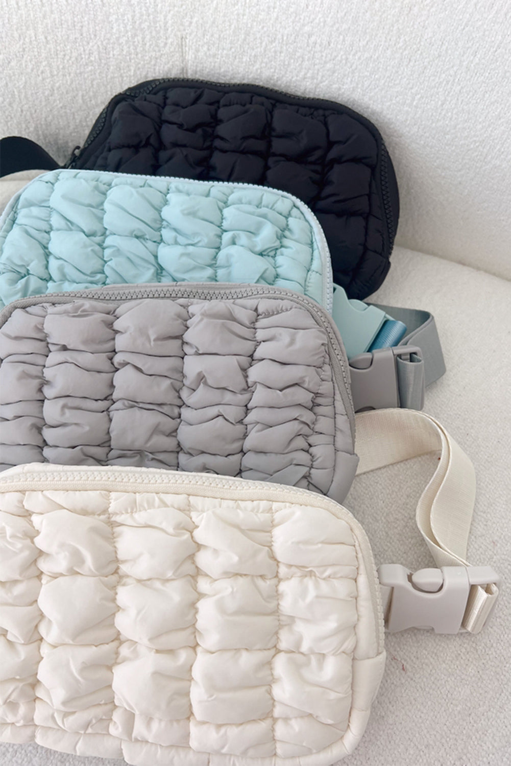 White Quilted Puffer Belt Zipper Crossbody Bags