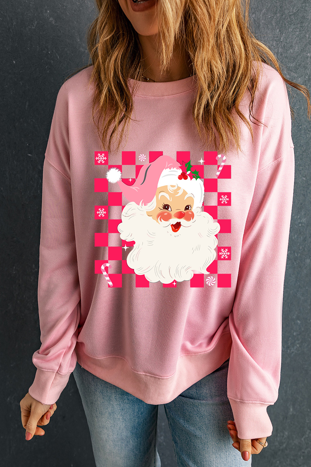 Pink Checkerd Santa Claus Graphic Round Neck Sweatshirt