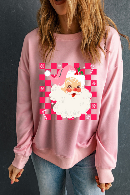 Pink Checkerd Santa Claus Graphic Round Neck Sweatshirt