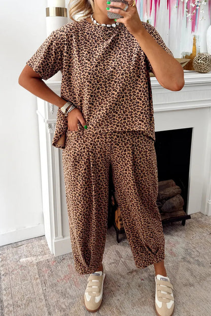 Brown Leopard Loose Tee Drawstring Waist Barrel Pants Set