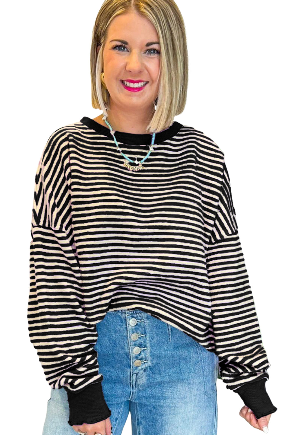 Black Stripe Drop Shoulder Long Sleeve Top