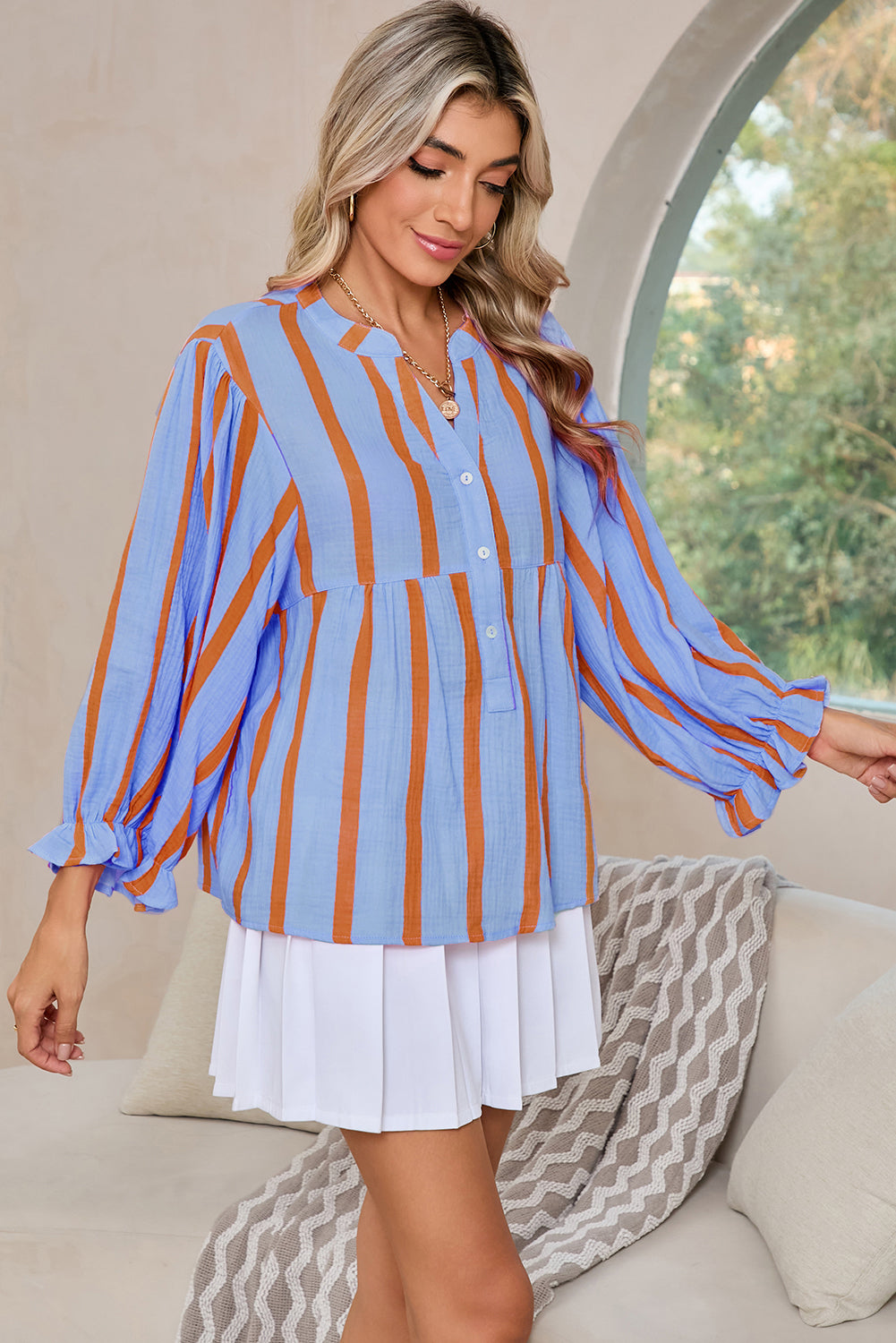 Orange Stripe Crinkle Ruffle Sleeve Loose Top