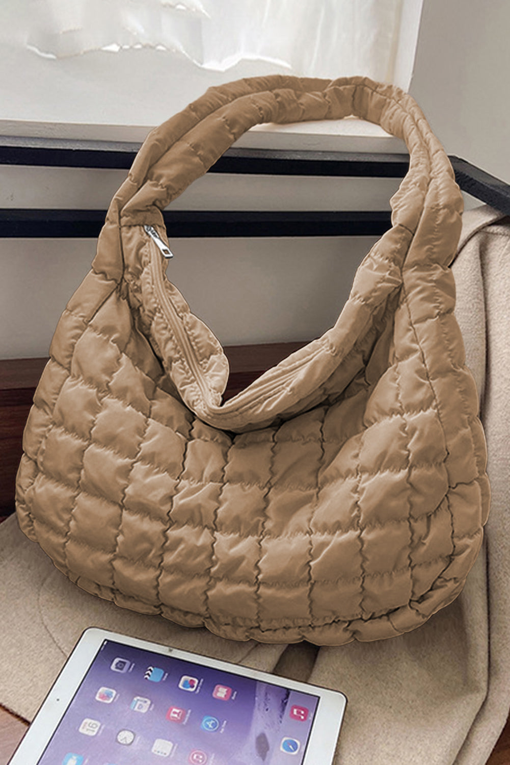 Coffee Casual Quilted Zipper Large Shoulder Bag