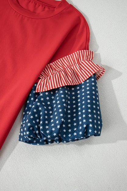 Fiery Red Stars Stripes Short Puff Sleeve Top