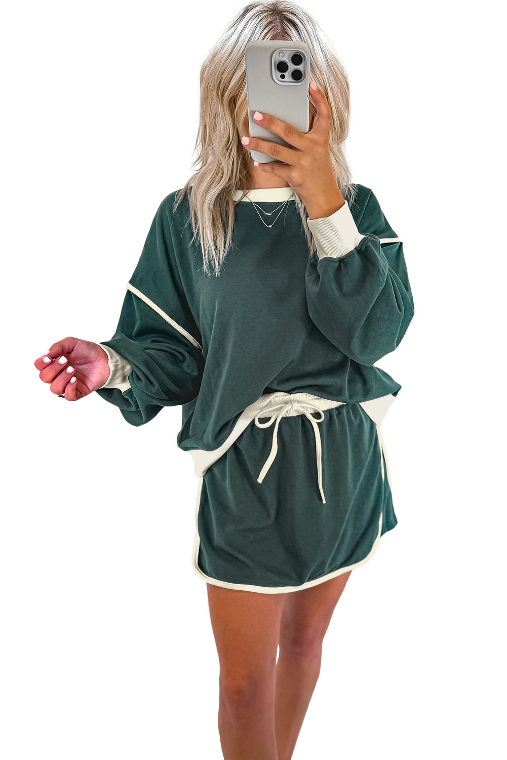 Evergreen Contrast Trim Loose Pullover and Lace-up Waist Skort Set