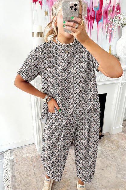 Brown Leopard Loose Tee Drawstring Waist Barrel Pants Set