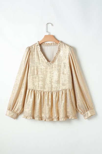 Gold Metallic Velvet Frill V Neck Puff Sleeve Babydoll Blouse