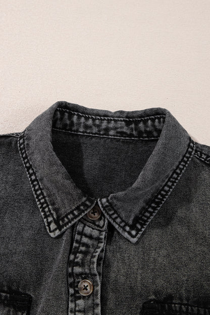 Black Flap Pocket Button Up Raw Hem Short Sleeve Denim Shirt