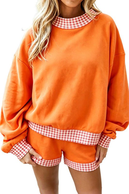 Carrot Gingham Trim Baggy Pullover 2pcs Short Set