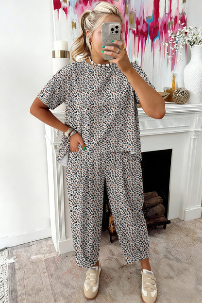 Brown Leopard Loose Tee Drawstring Waist Barrel Pants Set