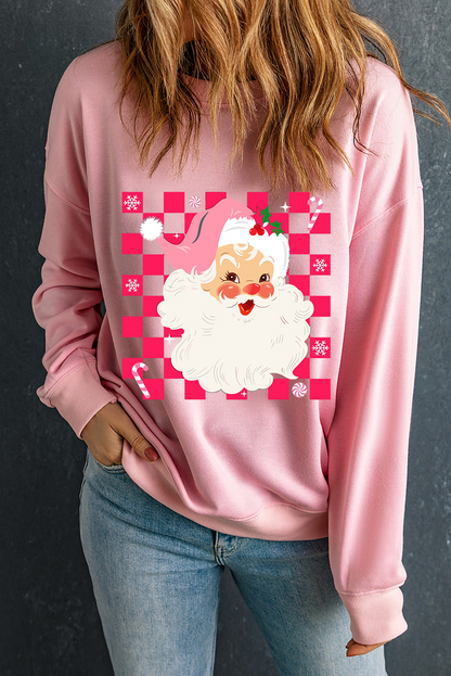 Pink Checkerd Santa Claus Graphic Round Neck Sweatshirt