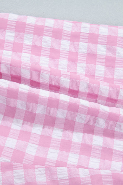 Pink Gingham Print Ruffle Striped Detail Lace Tie Shorts
