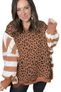 Khaki Leopard Striped Patchwork Plus Size Loose Sweatshirt